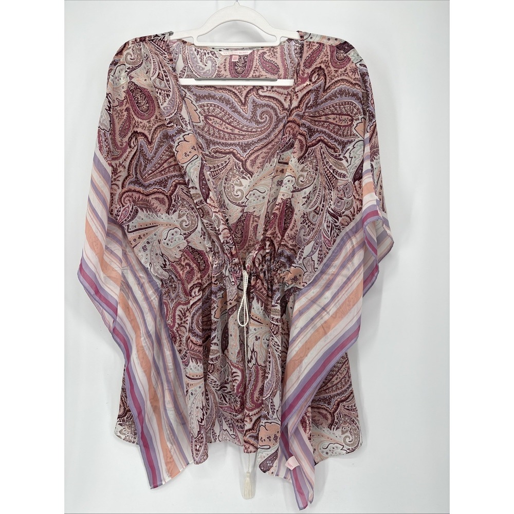 Victorias Secret Coverup Medium Pink Paisley Bohemian Sheer Chiffon Kimono